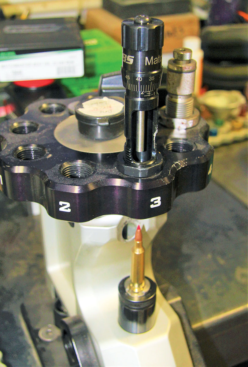 Patrick used a new RCBS Matchmaster Seat Die while loading 22-250 Remington loads for this test. The system proves faster than conventional seater dies and ensures precision bullet alignment into the neck.